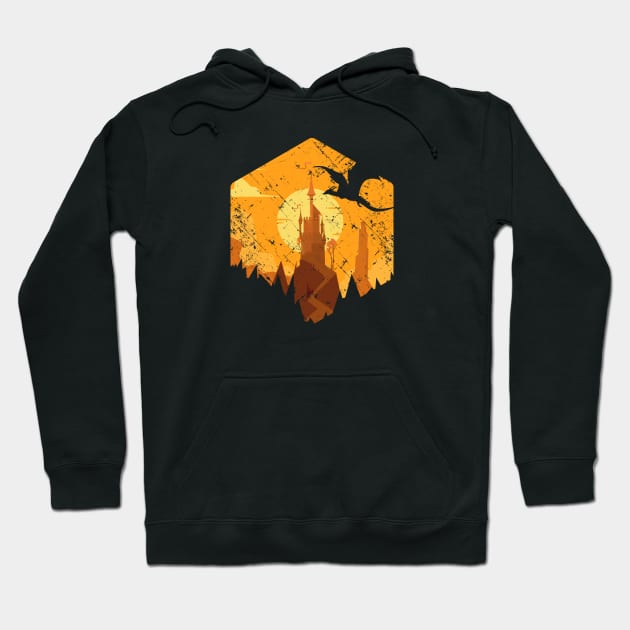 Dragon Flying Over Tall Castle Sunset Hoodie by OfficialTeeDreams